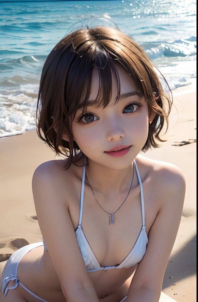 A petite, lolita-style beauty in a white bikini on all fours