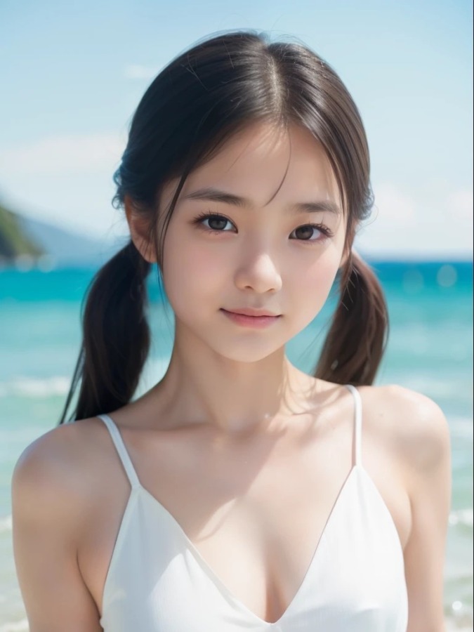 An innocent-looking beauty with pigtails wearing a white bikini