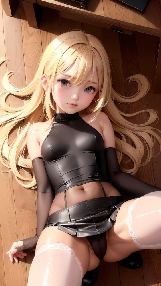 ボンテージ風のセクシーコスチュームを着た金髪美少女