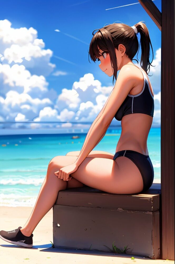 健康的なポニーテールの水着姿の美少女