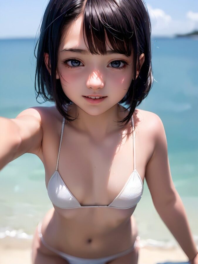 マイクロビキニ姿の貧乳美少女