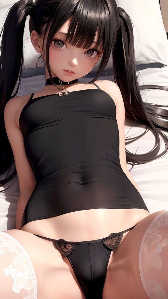 黒キャミソールと紐パンのツインテール美少女