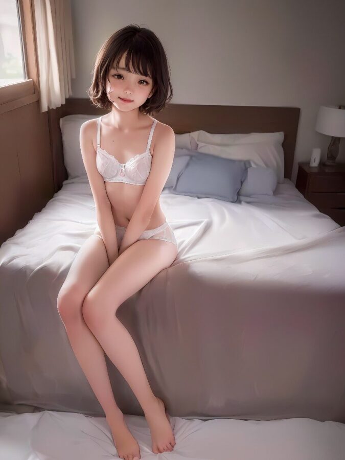 ベッドに腰掛ける貧乳美少女
