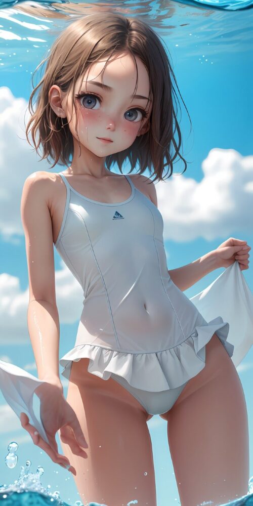 白スクール水着を着た貧乳美少女