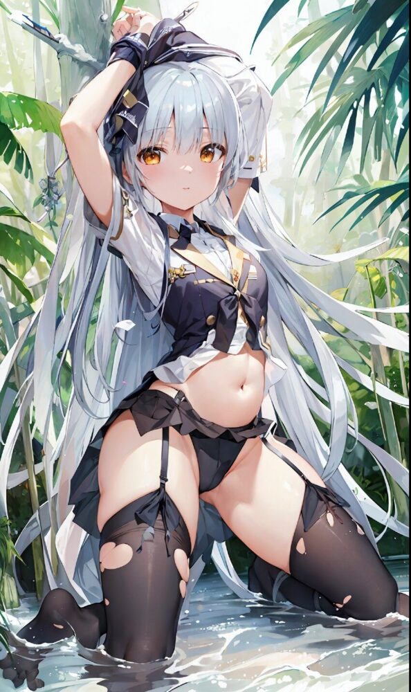 ムッチリ太ももとガーターベルトがセクシーな銀髪美少女