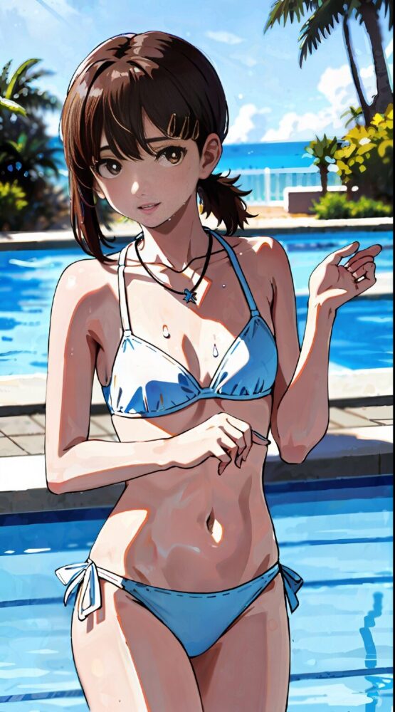 白ビキニを着た貧乳美少女