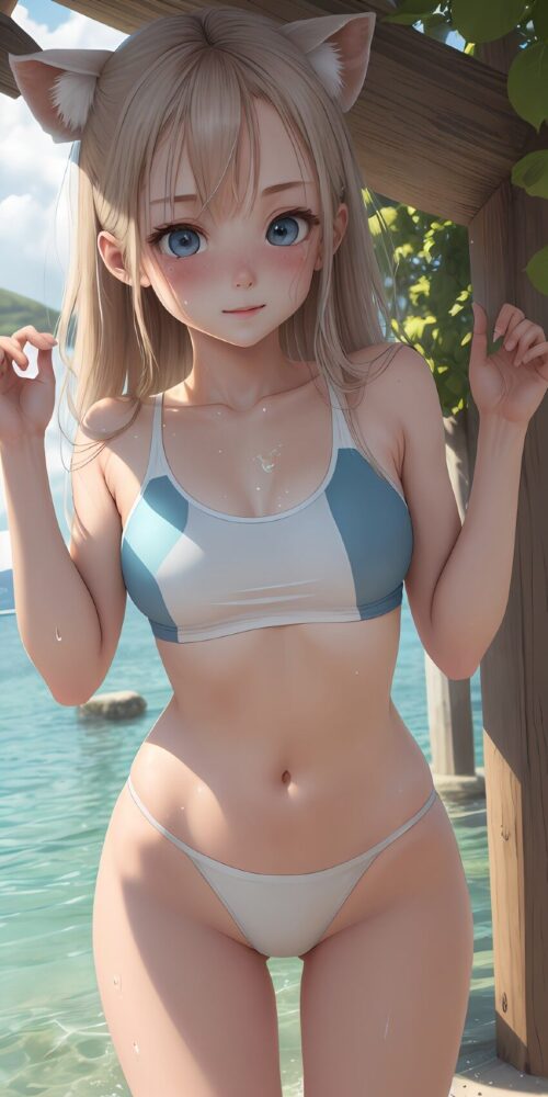 ビキニ姿の金髪猫耳美少女