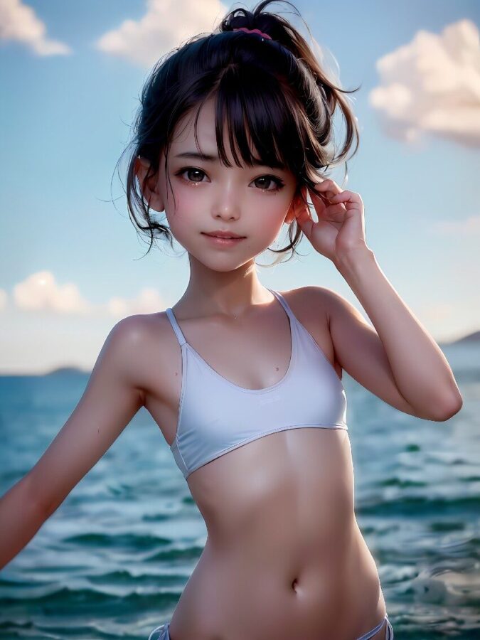 水着を着たポニーテール美少女