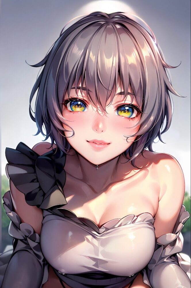 銀髪ショートヘアの巨乳美女