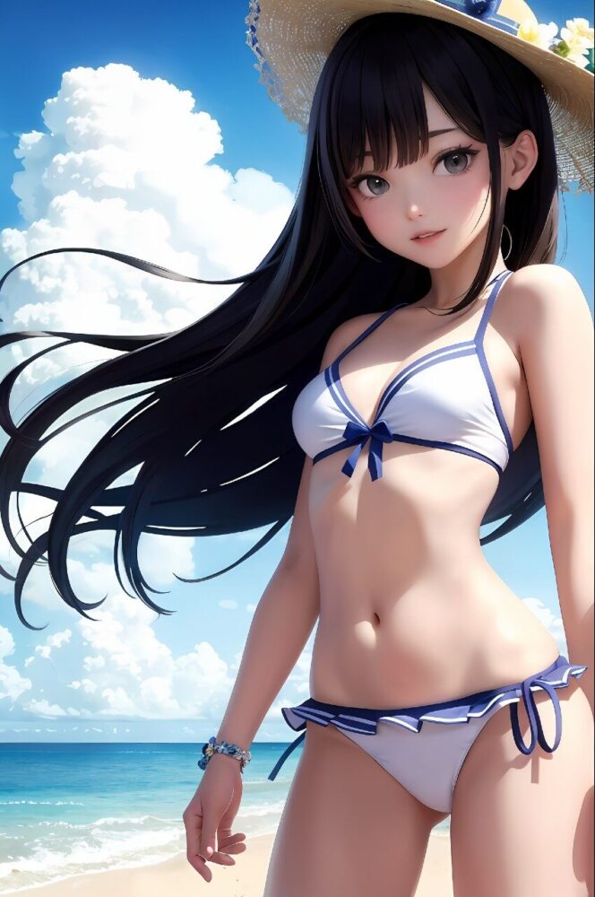 白ビキニを着た貧乳美少女