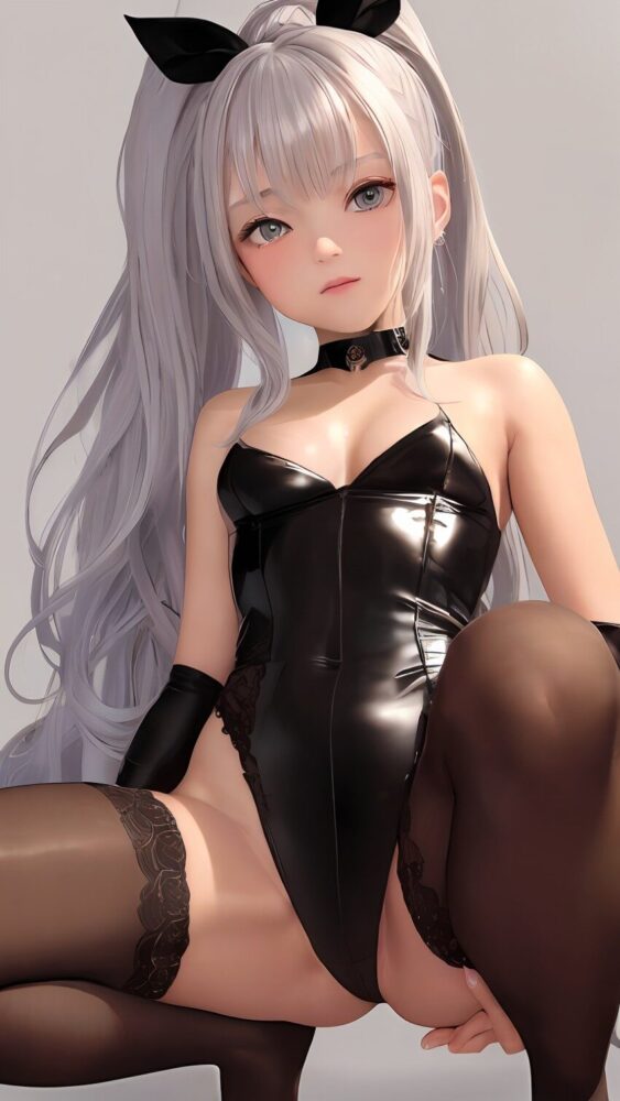 ボンテージ風コスチュームの銀髪美少女