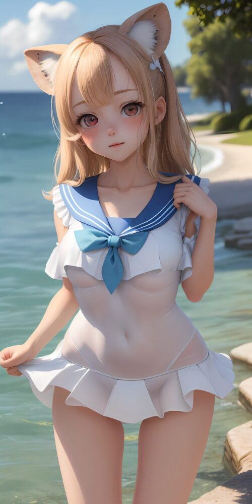 セーラー水着を着た金髪猫耳美少女