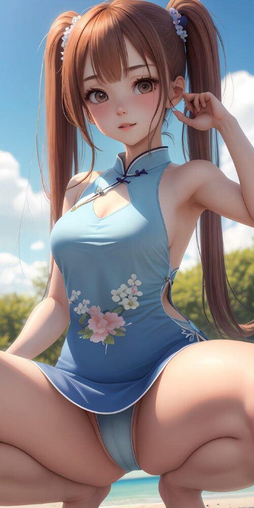 チャイナドレスを着た巨乳ツインテール美少女