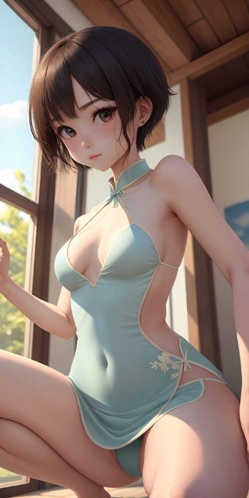 セクシーチャイナドレスからの横乳&パンチラ
