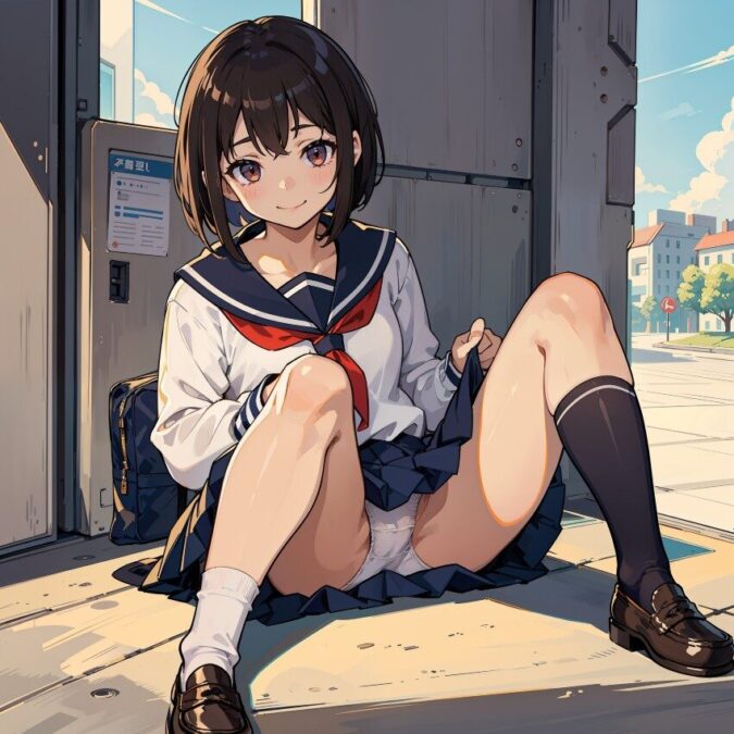 M字開脚で白いパンティーをみせてくる女子高生
