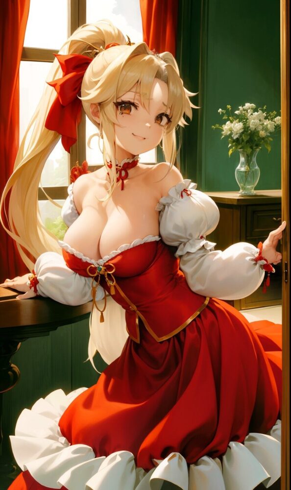 真っ赤なドレスを着た爆乳お姫様