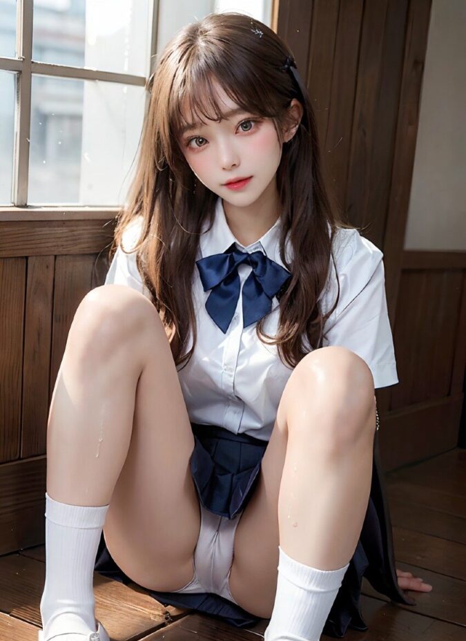 女子高生が制服でM字開脚