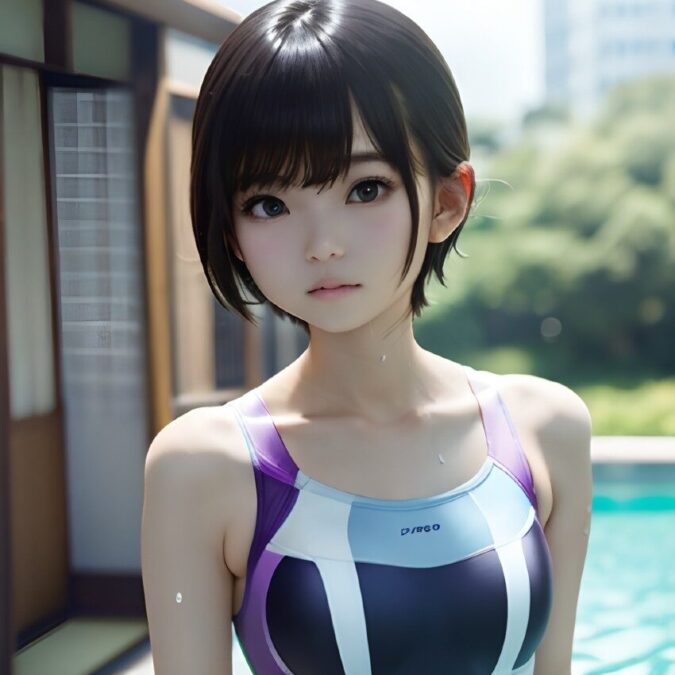 競泳水着を来た猫っぽいショートカット美少女