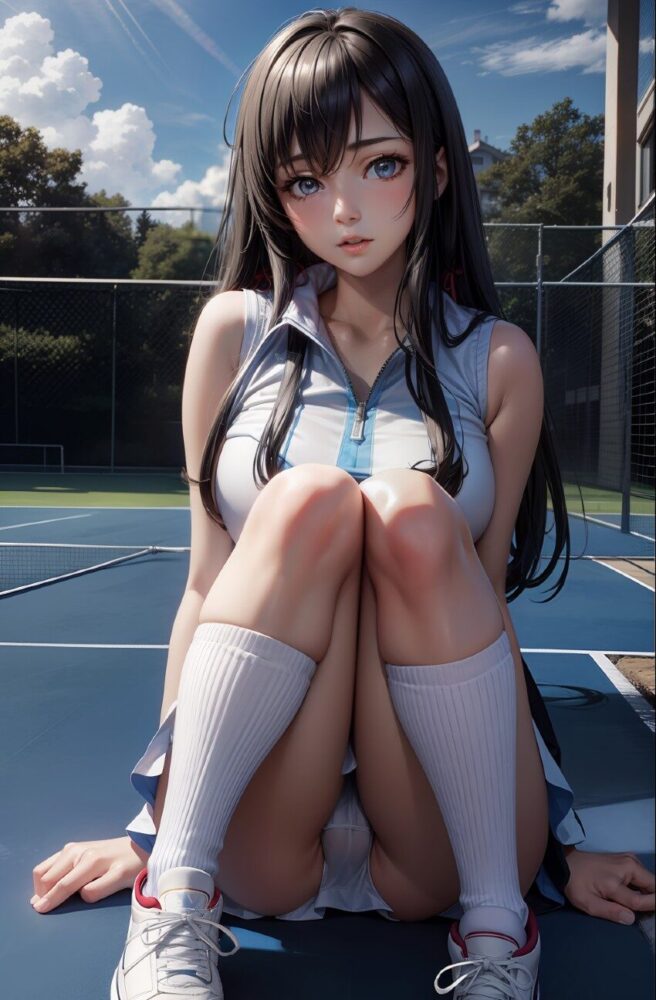 テニス部巨乳女子高生がユニフォームでM字開脚