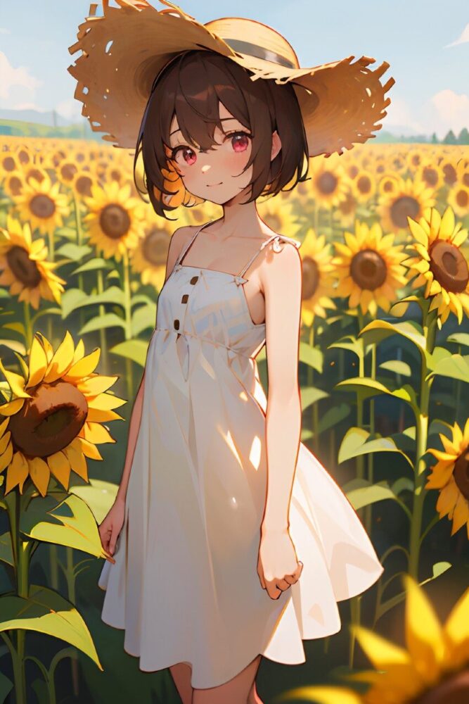 ヒマワリ畑で白いワンピースが似合う夏の美少女