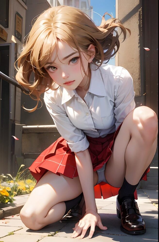 しゃがんだ女子高生のパンチラ