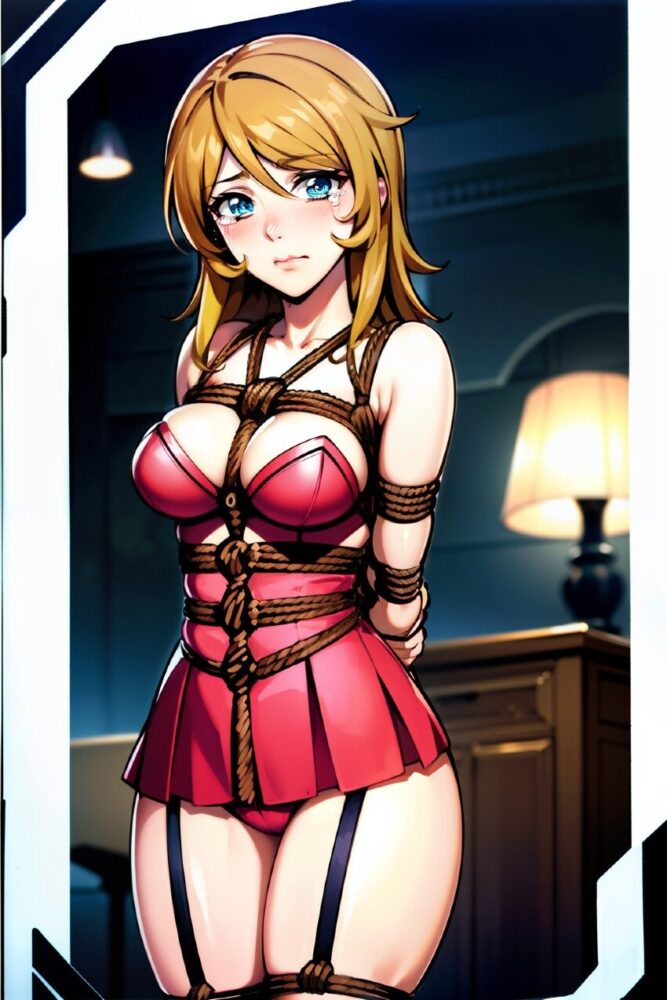 ロープで縛られる金髪巨乳美少女の緊縛エロ画像