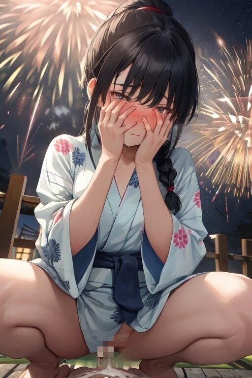 野外でおしっこする浴衣美少女