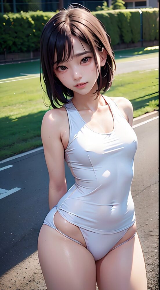 セクシーな白スクール水着に恥ずかしがる美少女