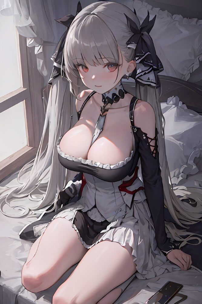 巨乳メイドコスチュームの銀髪美少女