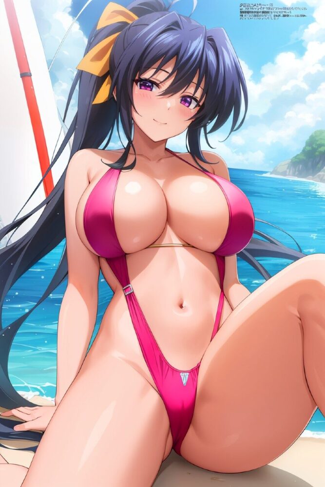 Vストリング水着を着たPCアダルトゲーム風巨乳ヒロイン