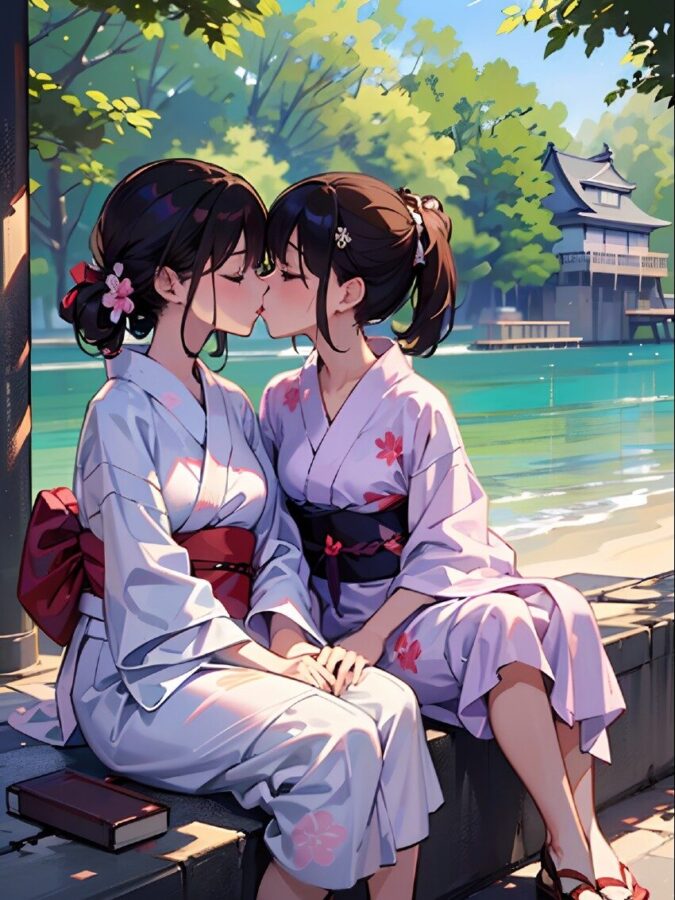 浴衣姿の美少女たちの百合キス