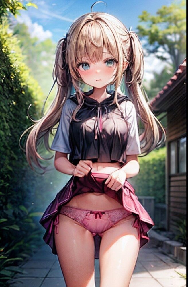 恥ずかしそうにスカートをたくしあげる美少女