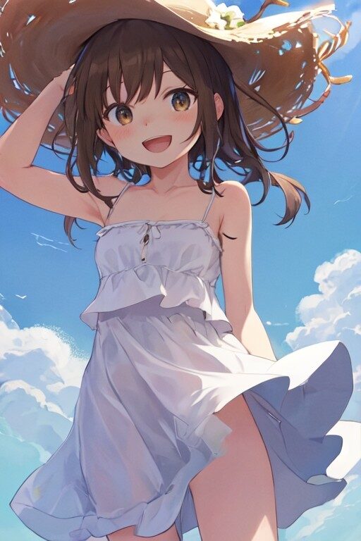 麦わら帽子と白ワンピースの夏美少女
