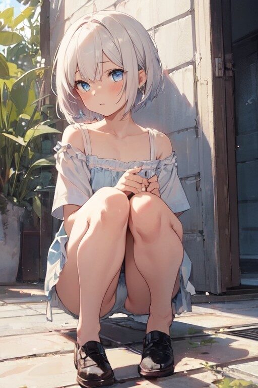 銀髪美少女のしゃがみパンチラ