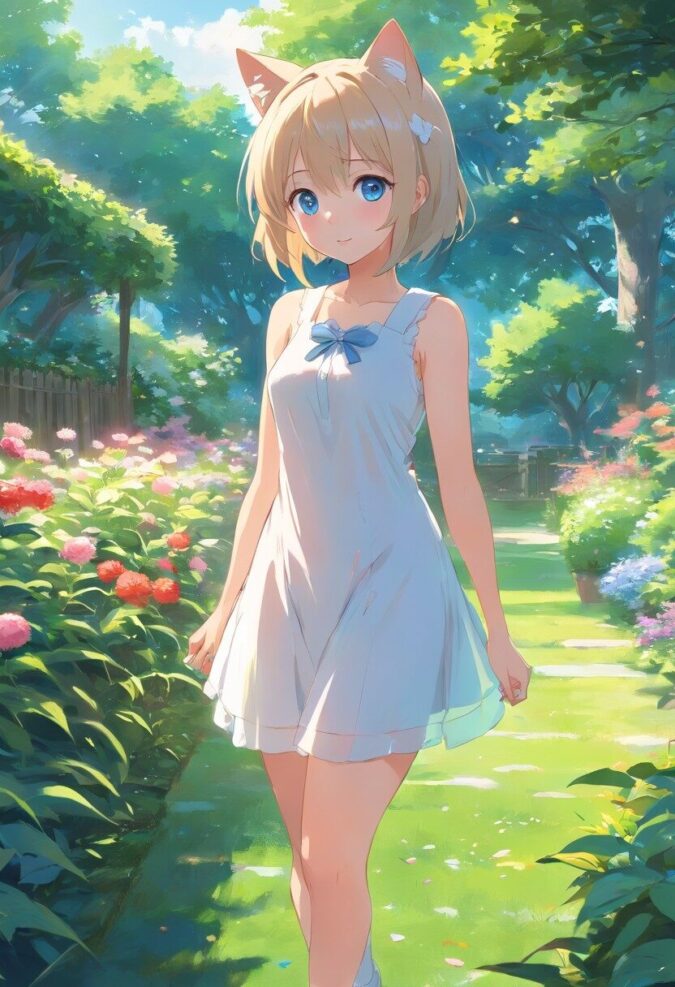 白ワンピースを着た猫耳美少女