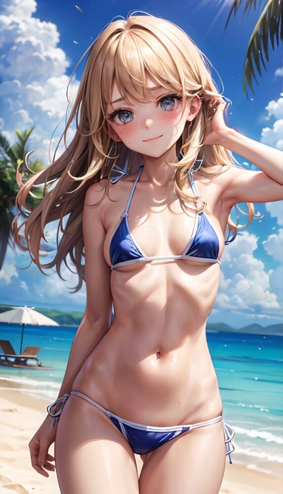 マイクロビキニを着て照れる金髪美少女