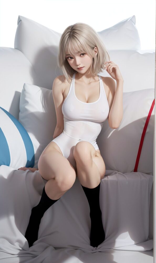 白スクール水着に黒いソックスの巨乳美少女
