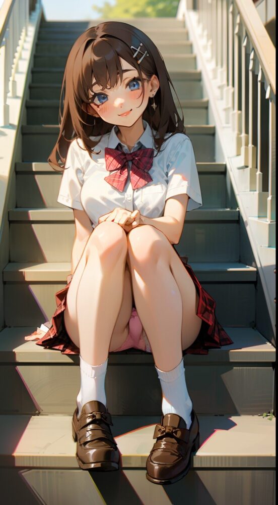 階段に座った美少女のパンチラ