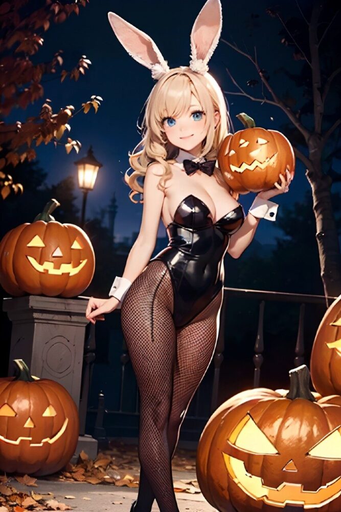ハロウィンでバニーガールコスプレをする金髪巨乳美少女