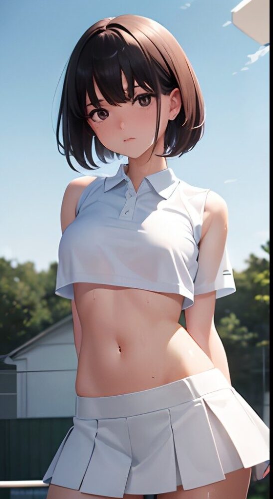 ミニスカヘソ出しテニスウェアの美少女