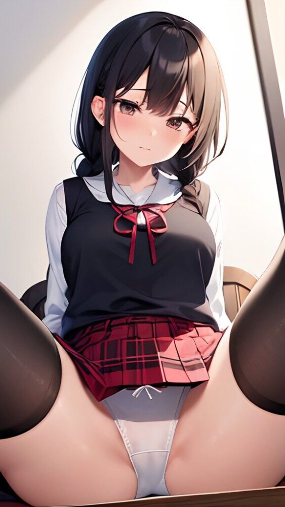 三つ編みで大人しそうな女子高生か恥じらいながらM字開脚