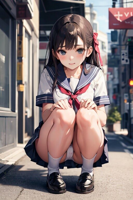 恥ずかしがり屋の女子高生がしゃがみパンチラ