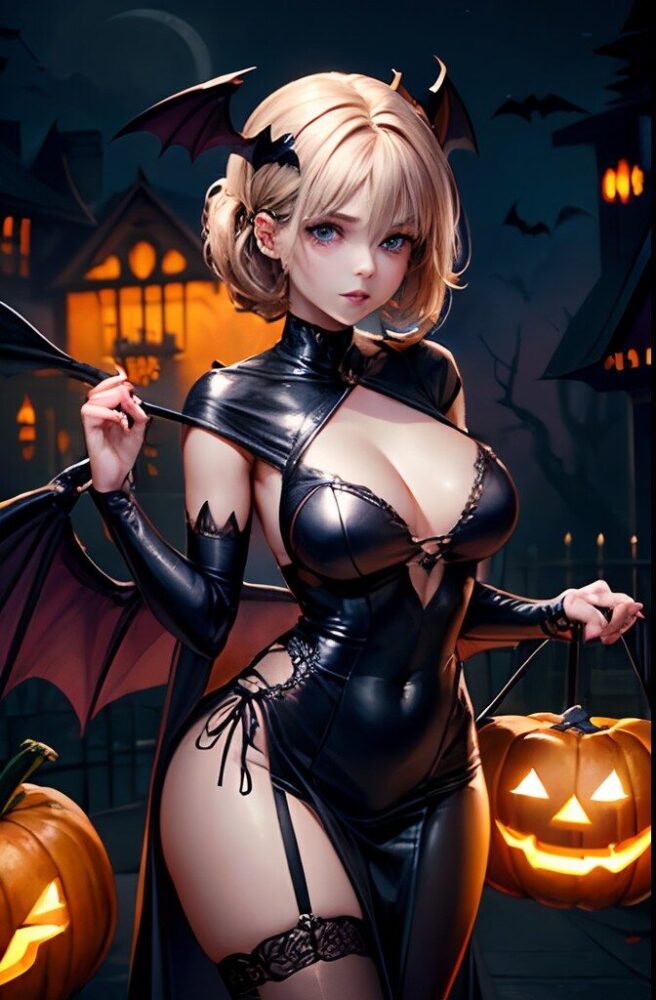 ハロウィンでセクシー悪魔のコスプレをする巨乳美女
