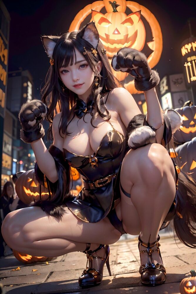 ハロウィンで猫のコスプレをする巨乳美少女