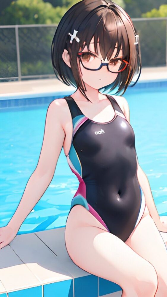 競泳水着の貧乳メガネっ娘