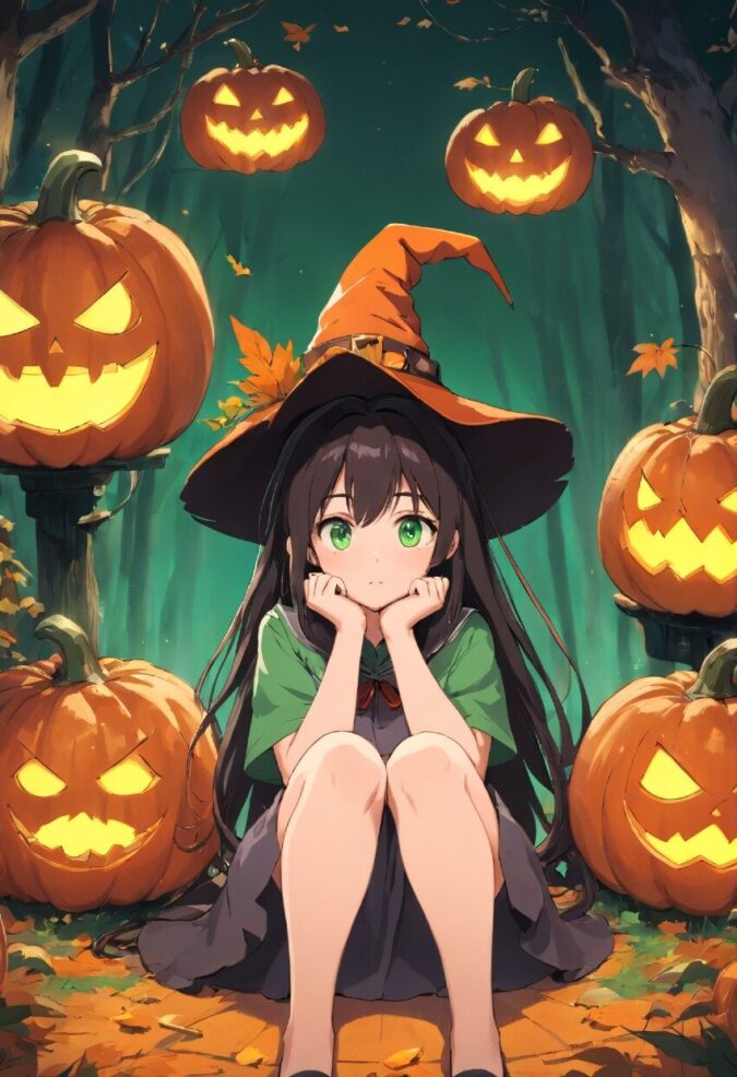 ジャック・オー・ランタンに囲まれる魔法使いの美少女