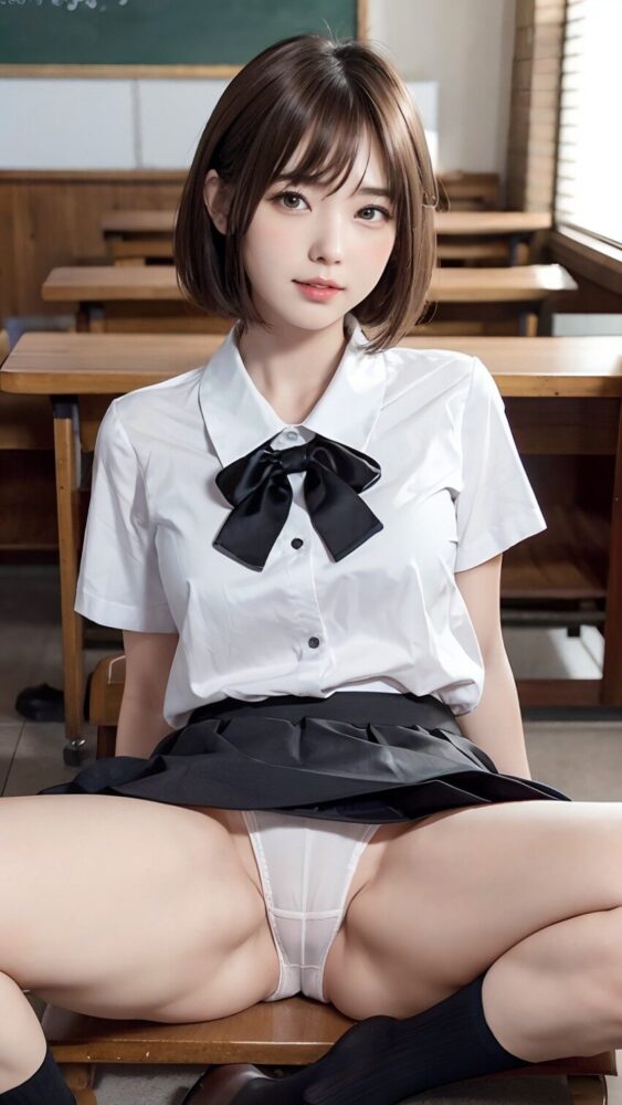 イスに座って脚を開いてパンツを見せてくる女子高生