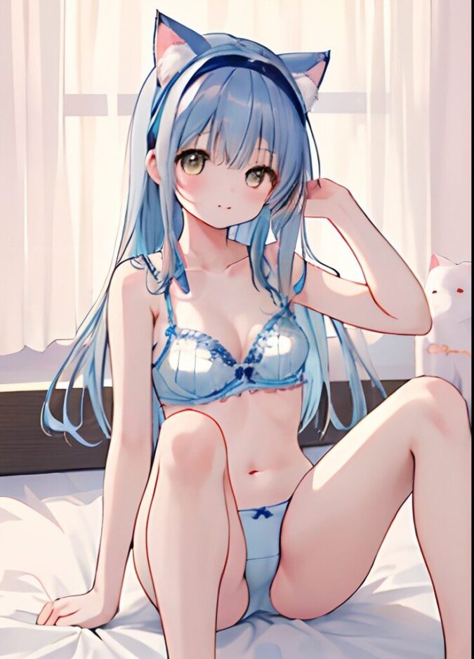 猫耳美少女が下着姿でM字開脚