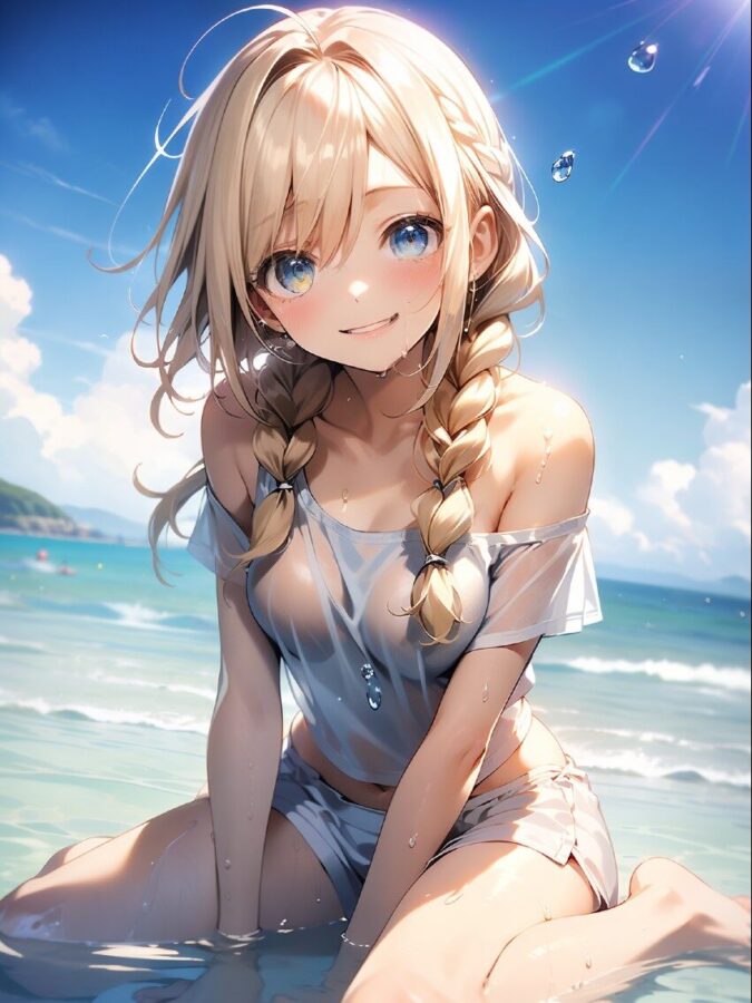 ビーチで濡れ透けティーシャツの金髪みつあみ美少女