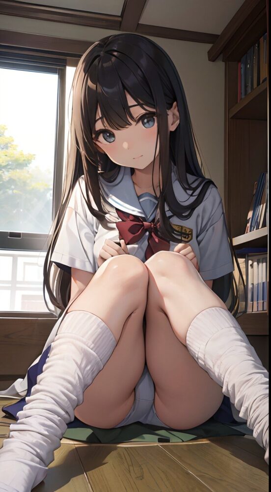 制服ルーズソックス女子高生のしゃがみM字開脚パンチラ